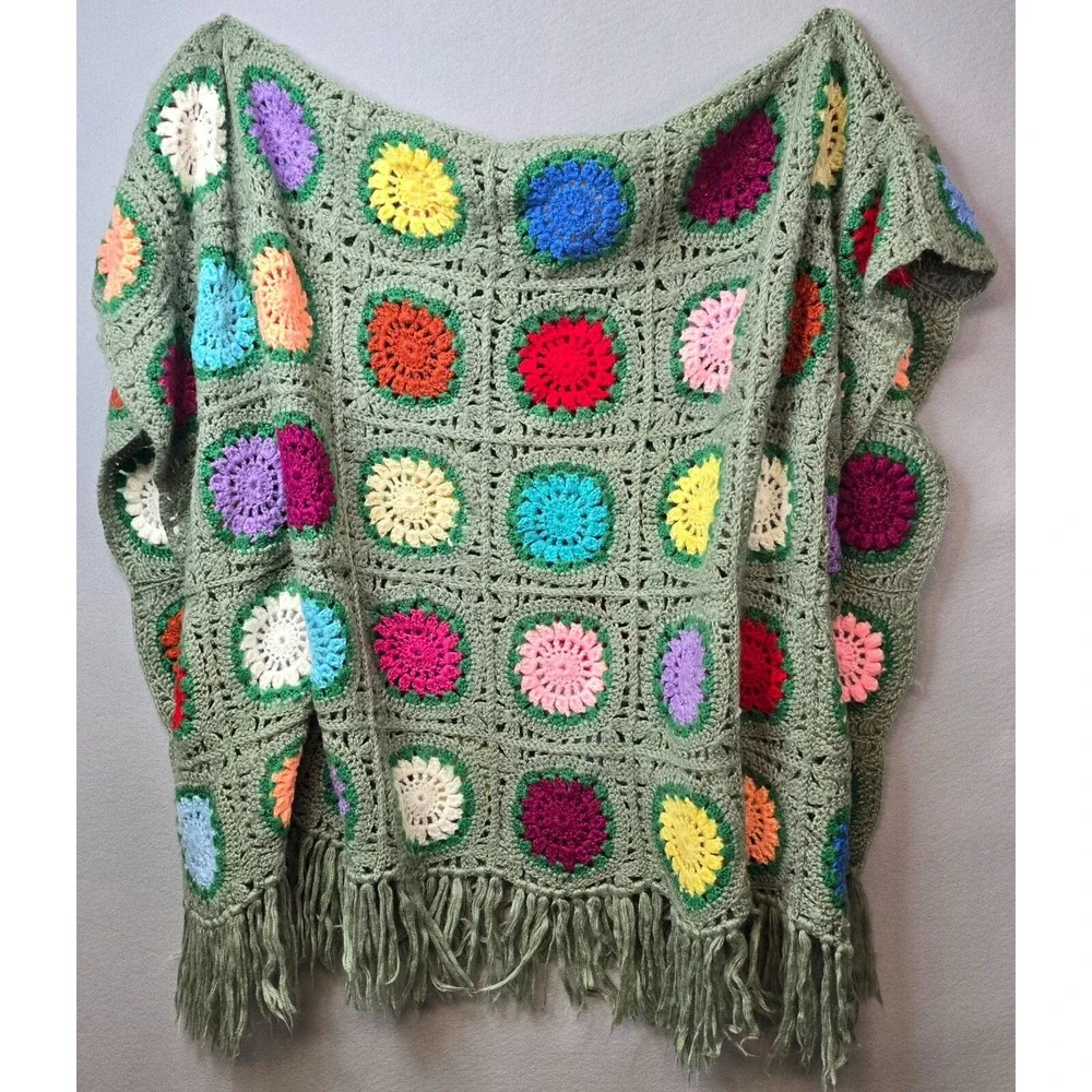Vintage 1970s Handmade Crochet Granny Square Afghan Green Fringe Super Soft Boho